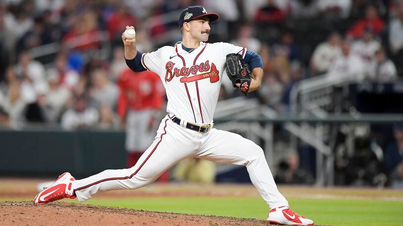 Braves pitcher Spencer Strider (65) delivers a pitch in the seventh inning Monday, March 11, 2022 at Truist Park. (Daniel Varnado/For the Atlanta Journal-Constitution)