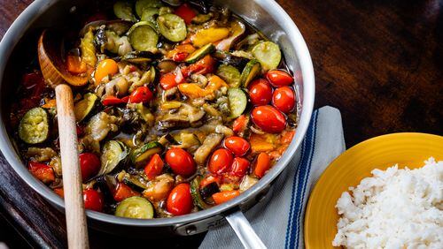 Speedy Ratatouille can be served on top of steamed rice, quick polenta, or warm bread. Henri Hollis for The Atlanta Journal-Constitution