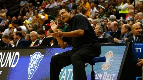 Ron Hunter of the Georgia State Panthers coaches from a chair during the second round of the 2015 NCAA tournament at Jacksonville Veterans Memorial Arena on March 19, 2015.