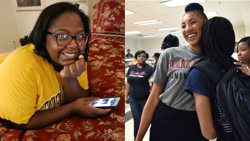Left: Delanie Mason, shown at home in Dacula, chose Kennesaw State, which is not an HBCU. Right: Kendall Youngblood hugs a friend at Clark Atlanta University, where she transferred after a year at UConn. (Curtis Compton / ccompton@ajc.com, Hyosub Shin / hshin@ajc.com)