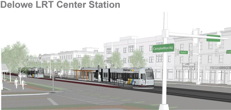 MARTA will choose between light rail and bus rapid transit for its new Campbellton Road transit line. Light rail would run in the middle of the road. (Courtesy of MARTA)