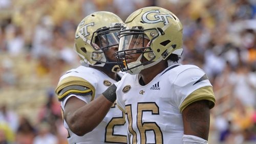 Georgia Tech quarterback TaQuon Marshall (16) celebrates with teammates after he scored a touchdown in the first half of the Georgia Tech home opener Saturday, Sept. 1, 2018, against Alcorn State at Bobby Dodd Stadium in Atlanta.