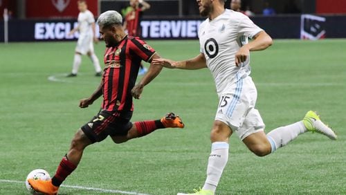August 27, 2019 Atlanta: Atlanta United forward Josef Martinez gets past Minnesota United defender Michael Boxall for a shot that went in the goal but was ruled off sides in the final for the U.S. Open Cup on Tuesday, August 27, 2019, in Atlanta.  Curtis Compton/ccompton@ajc.com