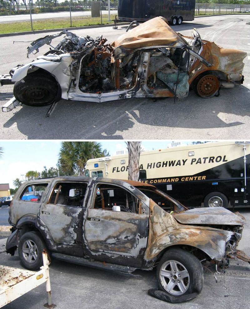 Pictured at top is the Chevy Cavalier Gabriel Hernandez, 20, and Anthony “DJ SonicC” Rodriguez, 22, were traveling in when they were hit head-on by Erick Betancourt on a two-lane road near Miami in January 2014. Both men were killed, as was Betancourt’s sister, 15-year-old Gisele Betancourt, who was a passenger in her brother’s Dodge Durango, pictured at bottom. Both vehicles were engulfed in flames following the crash. Betancourt, now 24, has been sentenced to 10 days in jail for vehicular manslaughter, to be served on the anniversary of the fatal crash each year for a decade.