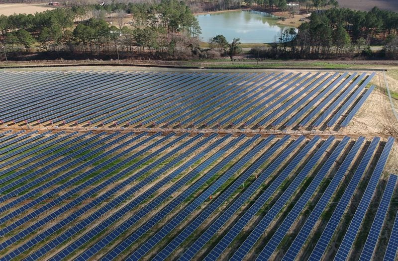 Aerial view shows solar panels in Bronwood, Ga. in Terrell County in South Georgia. HYOSUB SHIN / HSHIN@AJC.COM