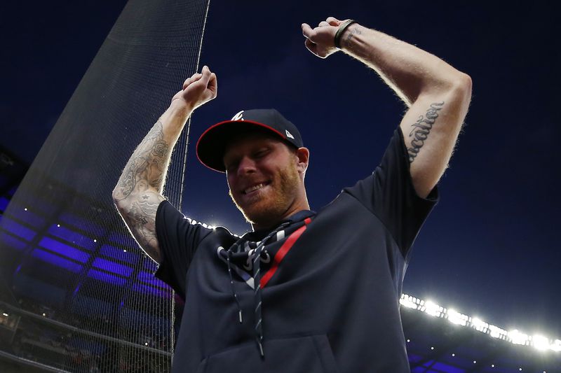 Mike Foltynewicz  celebrates after  the Braves defeated the St. Louis Cardinals 3-0. (Photo by Todd Kirkland/Getty Images)