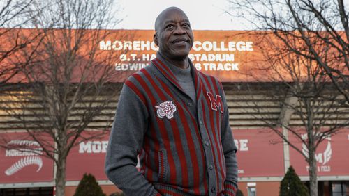 Olympian and Morehouse College alumnus Edwin Moses, in front of the track that the school named after him two years ago. (Natrice Miller/ Natrice.miller@ajc.com)