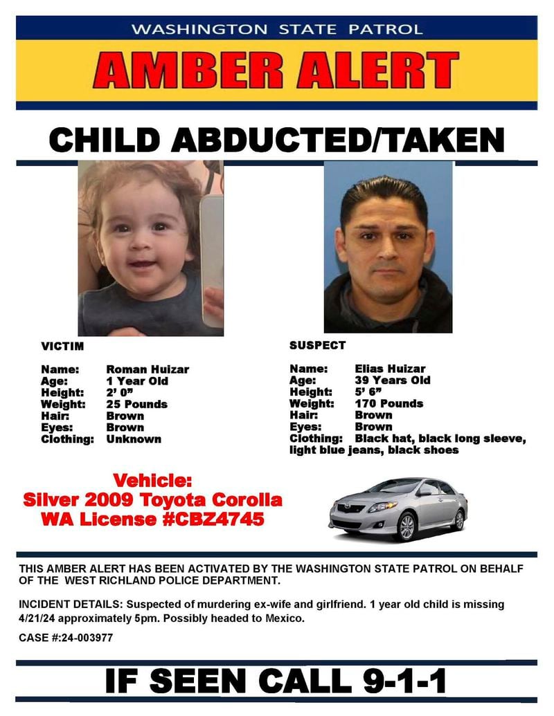 This image provided by the Washington State Patrol shows an Amber Alert poster with an image of Elias Huizar on it. Huizar, a former Washington state police officer, was on the run Tuesday, April 23, 2024, after killing two people, including his ex-wife, who had recently obtained a protection order against him, authorities said. The Washington State Patrol late Monday issued an alert that the ex-Yakima officer had fled with 1-year-old Roman Huizar. (Washington State Patrol via AP)