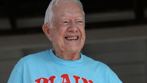 Jimmy Carter grins in his souvenir T-shirt at the 21st Annual Plains Peanut Festival on Saturday, Sept. 23, 2017. Carter turns 93 on Sunday, Oct. 1. Photo by Jill Stuckey