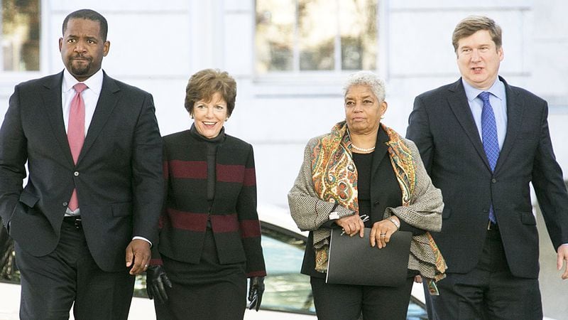 11/27/17 - Atlanta - Ceasar Mitchell (from left), Mary Norwood, Shirley Franklin, and Peter Aman arrive for the announcement. Former Atlanta Mayor Shirley Franklin endorsed Mary Norwood's campaign at a press conference in front of City Hall along with former Atlanta chief operating officer Peter Aman and City Council President Ceasar Mitchell.