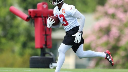 June 13, 2017, Flowery Branch: Falcons wide receiver Devin Fuller returns a  kick during the first day of mini-camp on Tuesday, June 13, 2017, in Flowery Branch.     Curtis Compton/ccompton@ajc.com