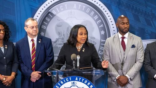 Fulton County District Attorney Fani Willis speaks at a press conference at Fulton County Government Center in Atlanta on Monday, August 14, 2023, following the indictment in an election interference case against former President Donald Trump and others. (Arvin Temkar / arvin.temkar@ajc.com)