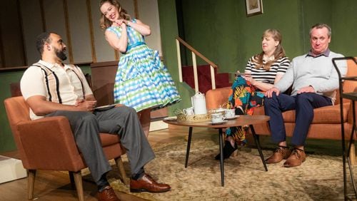 From left, Johnny (Marcus Hopkins-Turner) and Judy (Bethany Anne Lind) entertain their friends Fran (Eve Krueger) and Marcus (John Benzinger), a couple leading normal lives in the 21st century. Photo: Casey Gardner Ford
