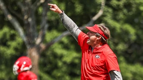 Georgia head coach Kirby Smart during the Bulldogs’ practice session in Athens, Ga., on Thursday, Aug. 12, 2021. (Photo by Mackenzie Miles)
