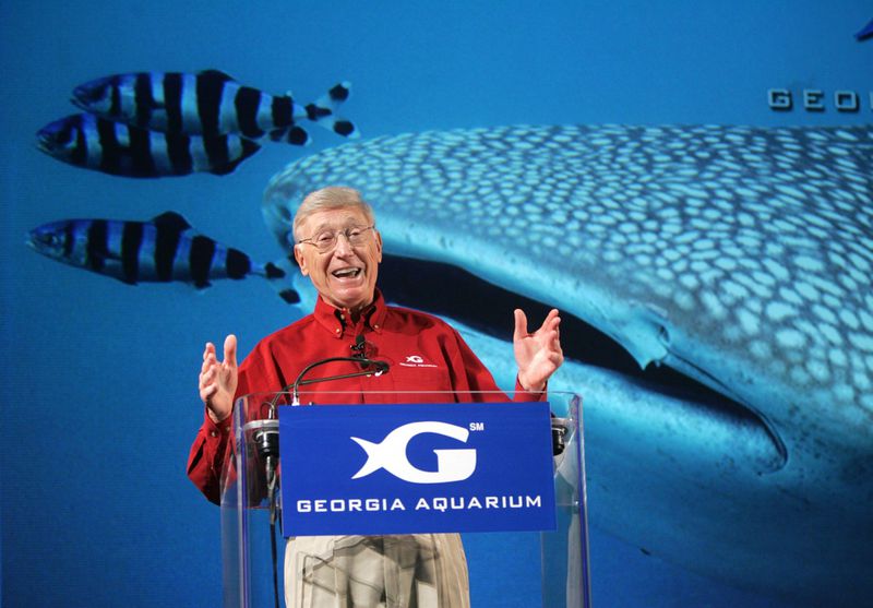 At a news conference in Atlanta in 2005, Bernie Marcus, benefactor of the Georgia Aquarium, announces that the aquarium will open as the largest in the world. 