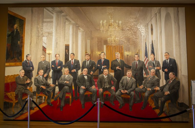 Atlanta portrait artist Ross Rossin created this monumental 13-by-20-foot painting of all 18 presidents from the 20th century to satisfy an urge to celebrate American history. (Rebecca Wright for the Atlanta Journal-Constitution)