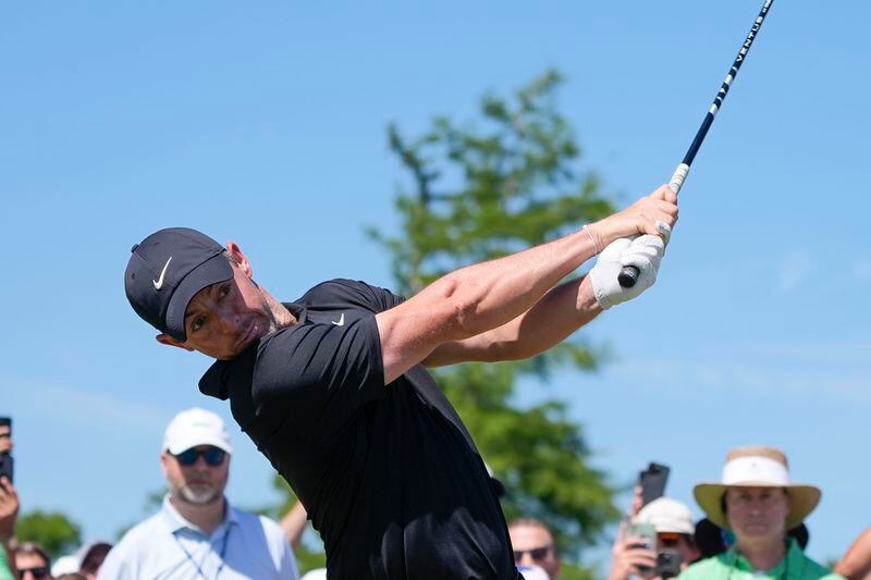 Rory McIlroy, of Northern Ireland, hits off the 18th tee during the second round of the PGA Zurich Classic golf tournament at TPC Louisiana in Avondale, La., Friday, April 26, 2024. (AP Photo/Gerald Herbert)