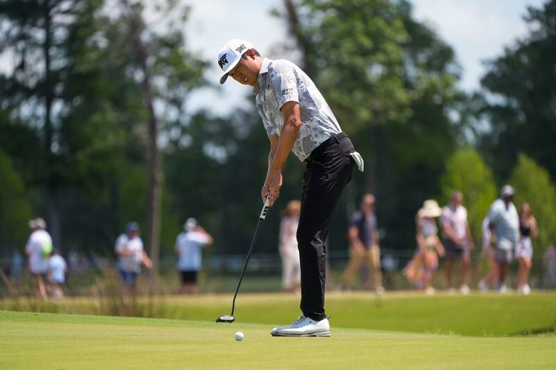 David Lipsky putts on the 17th green during the second round of the PGA Zurich Classic golf tournament at TPC Louisiana in Avondale, La., Friday, April 26, 2024. (AP Photo/Gerald Herbert)