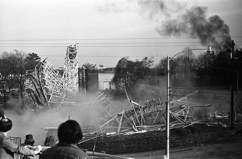 Go, Greyhound. According to “The History of Lakewood,” the wooden roller coaster was designed by John A. Miller. In operation from 1915 to 1974, it was partially rebuilt in 1956. It had been sitting idle for a few years before being used for the movie explosion scene. AJC archive photo: Jerome McClendon