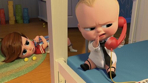 Tim, voiced by Miles Bakshi, and Boss Baby, voiced by Alec Baldwin, are in a scene from “The Boss Baby.” (DreamWorks Animation via AP)