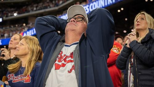 John Gonzalez reacts in the ninth inning at the Braves home opening day game versus the Diamondbacks at Truist Park in Atlanta on Friday, April 5, 2024. (Arvin Temkar / arvin.temkar@ajc.com)