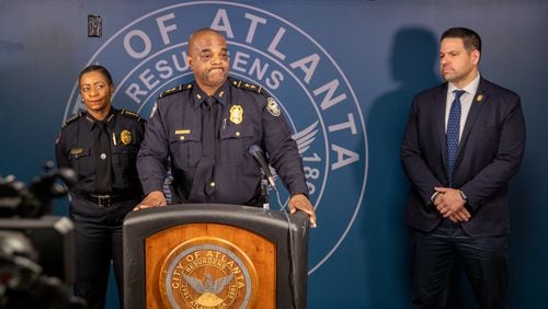 The Atlanta Police Department and Clark Atlanta University police hold a press conference on Thursday, March 2, 2023, to announce an arrest in the shooting death of Clark Atlanta University student Jatonne Sterling. Clark Atlanta University Chief Debra Williams (from left), APD Deputy Chief Charles Hampton Jr. and APD Detective Patrick Deegan participated in the news conference.  (Jenni Girtman for The Atlanta Journal-Constitution)