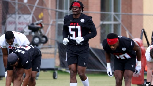 Falcons outside linebacker DeAngelo Malone (51) will be a player to watch Friday night in the exhibition opener against the Lions. (Jason Getz / Jason.Getz@ajc.com)