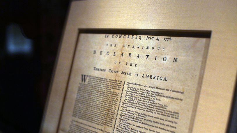 A page from the Declaration of Independence is displayed at the New York Public Library on July 3, 2009 in New York City.