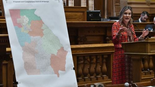 State Sen. Elena Parent, D-Atlanta, speaks in opposition of SB 2 EX, newly-drawn congressional maps, in the Senate Chambers during a special session at the Georgia State Capitol in Atlanta on Friday, November 19, 2021. (Hyosub Shin/hyosub.shin@ajc.com)