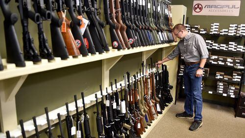 August 24, 2016 Gainesville, GA: Mike Weeks, co-owner of the Georgia Gun Store feels guns sales could be a hot topic in the upcoming election. BRANT SANDERLIN/BSANDERLIN@AJC.COM