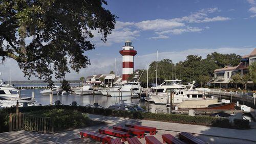 The red and white candy-cane striped lighthouse looms over the Harbour Front Marina at Sea Pines Plantation. Contributed by Thomas Hart Shelby/Hilton Head Island Tourism