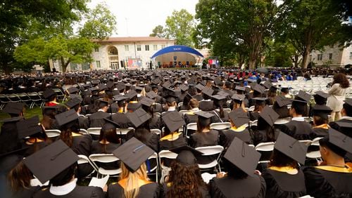 About 4,300 graduating students await at Emory's quadrangle for the ceremony to begin during Emory University's 178th Commencement ceremony on Monday, May 8, 2023.
Miguel Martinez /miguel.martinezjimenez@ajc.com
