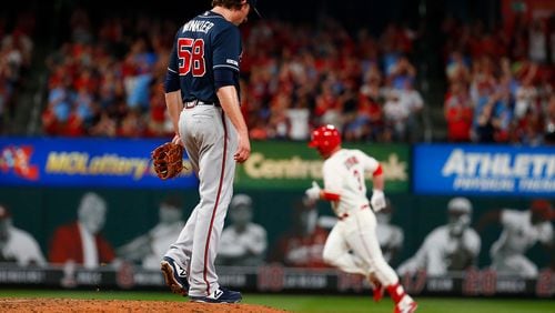 Braves reliever Dan Winkler reacts after the Cardinals’ Jedd Gyorko  hit a game-winning, three-run home run  in the eighth inning May 25, 2019, at Busch Stadium  in St Louis.