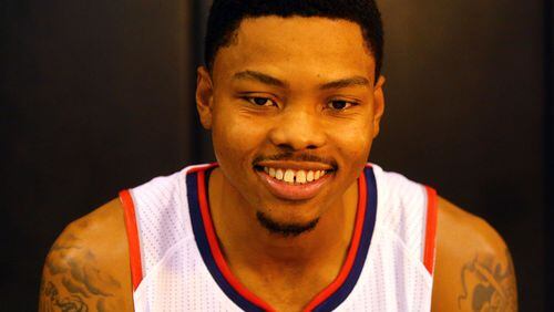092914 ATLANTA: Hawks guard Kent Bazemore smiles at a question during Media Day at Philips Arena on Monday, Sept. 29, 2014, in Atlanta. CURTIS COMPTON / CCOMPTON@AJC.COM