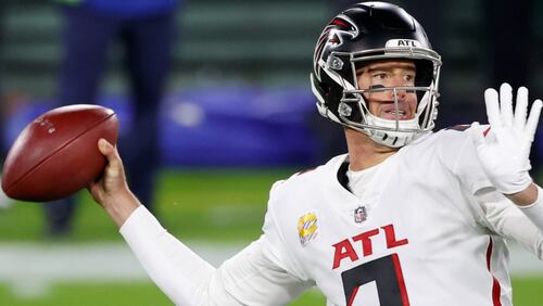 Falcons quarterback Matt Ryan (2) throws during the first half against the Green Bay Packers, Monday, Oct. 5, 2020, in Green Bay, Wis. (AP Photo/Tom Lynn)