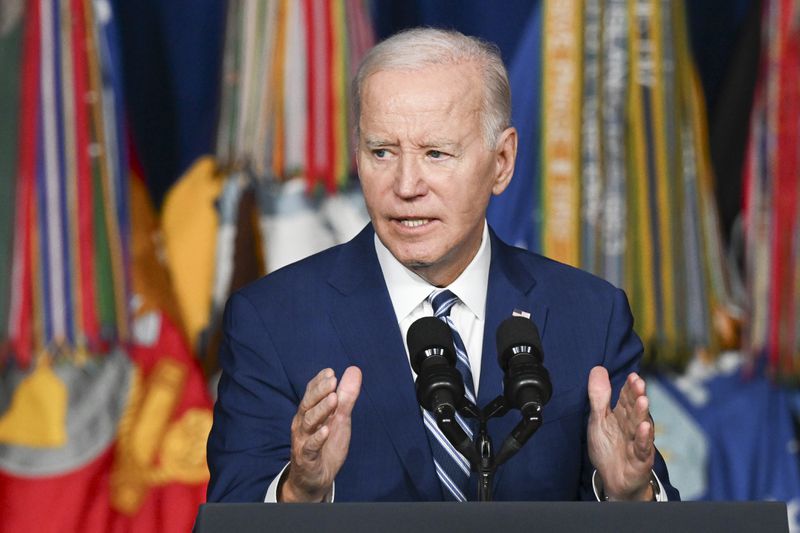 President Joe Biden speaks at the George E. Wahlen Department of Veterans Affairs Medical Center on the one-year anniversary of the PACT Act in Salt Lake City, Utah, on Thursday, Aug. 10, 2023. (Kenny Holston/The New York Times)