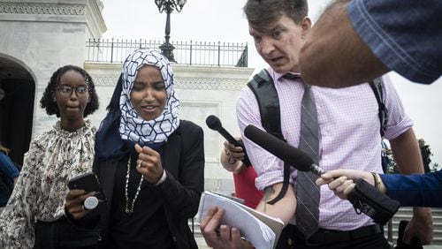 U.S. Rep. Ilhan Omar (D-Mich.) speaks to a reporter at the Capitol building after voting for a resolution denouncing comments by President Trump targeting herself and three other Democratic congresswomen of color on July 16, 2019 in Washington, D.C.(Pete Marovich/Getty Images)