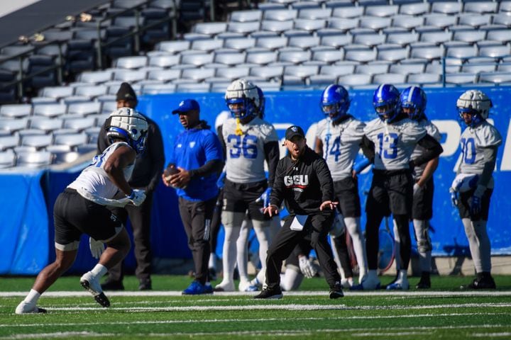 Georgia State holds spring football practice, the first under coach Dell McGee, at Center Parc Credit Union Stadium on Tuesday, March 19, 2024. (Jamie Spaar for the Atlanta Journal Constitution)