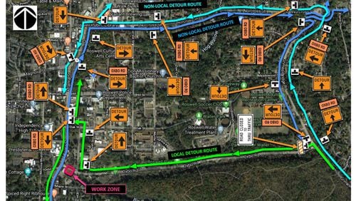 Map depicts the posted detours for Oxbo Road in Roswell, which is closed for about two months for construction at Atlanta Road (Ga. 9). CITY OF ROSWELL