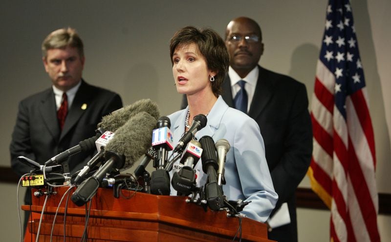 Sally Yates, as the acting US Attorney for the Northern District of Georgia in 2004, announces that former Atlanta Mayor Bill Campbell ran City Hall as a criminal enterprise intended to enrich him and his associates, (JOHN SPINK/AJC file)