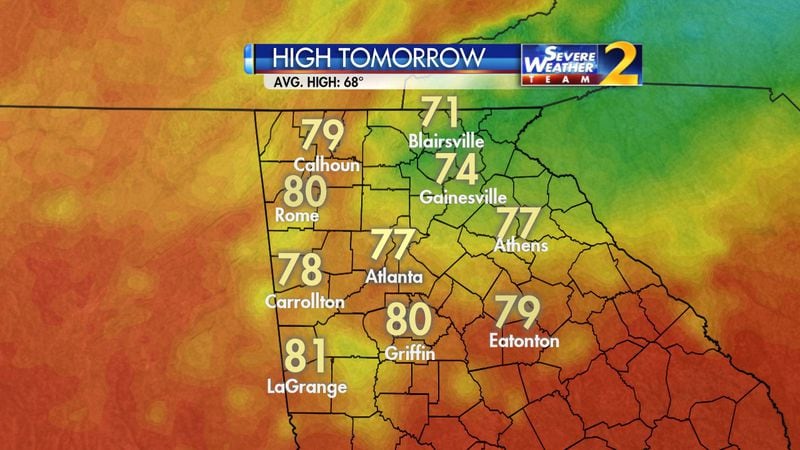 Atlanta is expected to see a high of 77 degrees  Saturday. (Credit: Channel 2 Action News)