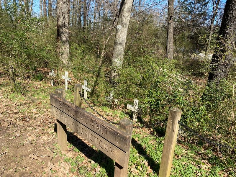 Today, on a small patch of land in a large wooded backyard near the Forsyth and Gwinnett border, six small white crosses mark the resting place of Strickland family members. (Adrianne Murchison / adrianne.murchison@ajc.com)