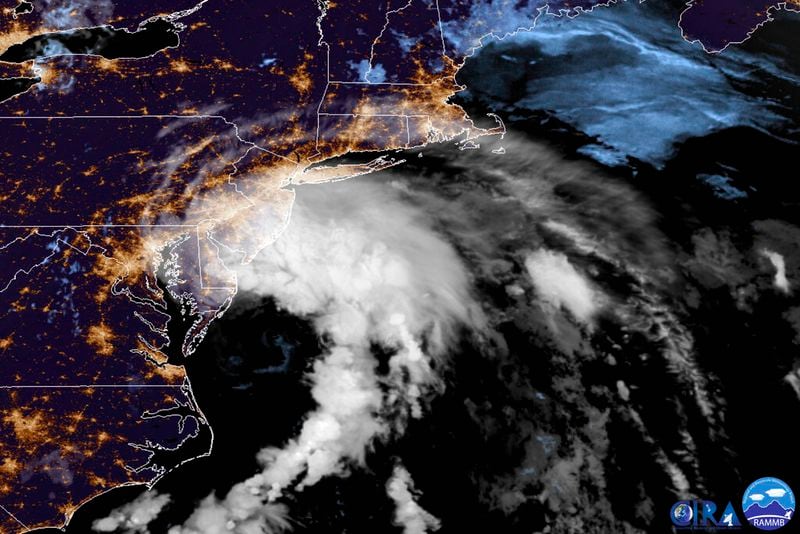 This GOES-16 satellite image taken at 9:30 UTC (5:30 a.m. EDT) on Friday, July 10, 2020 shows Tropical Storm Fay as it moves closer to land in the northeast of the United States. Fay was expected to bring 2 to 4 inches (5 to 10 centimeters) of rain, with the possibility of flash flooding in parts of the mid-Atlantic and southern New England, The U.S. National Hurricane Center said in its 5 a.m. advisory. (NOAA via AP)