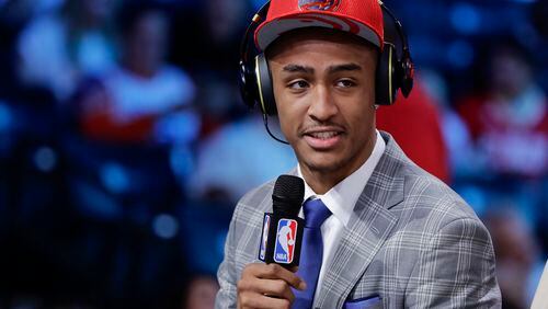 John Collins answers questions during an interview after being selected by the Atlanta Hawks as the 19th pick overall during the NBA basketball draft, Thursday, June 22, 2017, in New York. (AP Photo/Frank Franklin II)