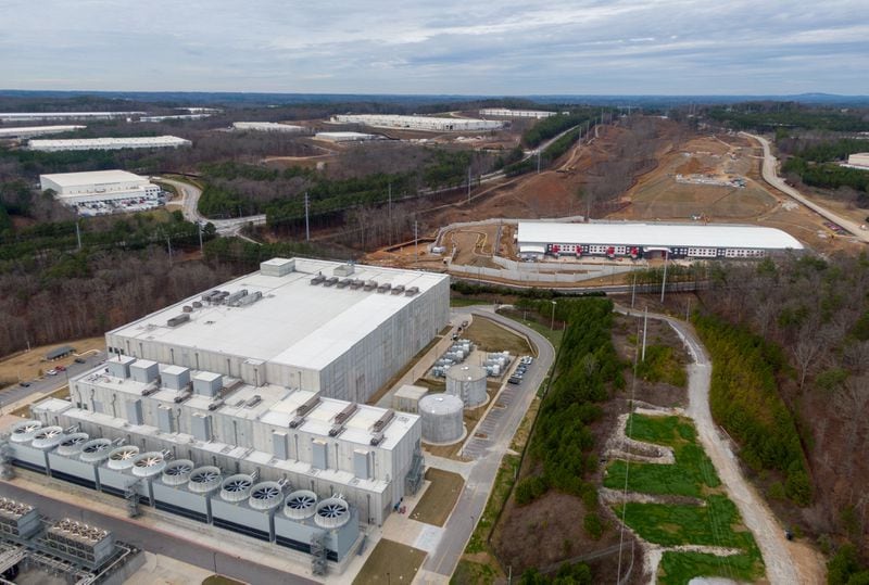 Aerial photo of new expansion of Douglas County Google Data Center (foreground) and construction site of the new data center Switch (background) in Lithia Springs on Friday, January 17, 2020. (Hyosub Shin / Hyosub.Shin@ajc.com)