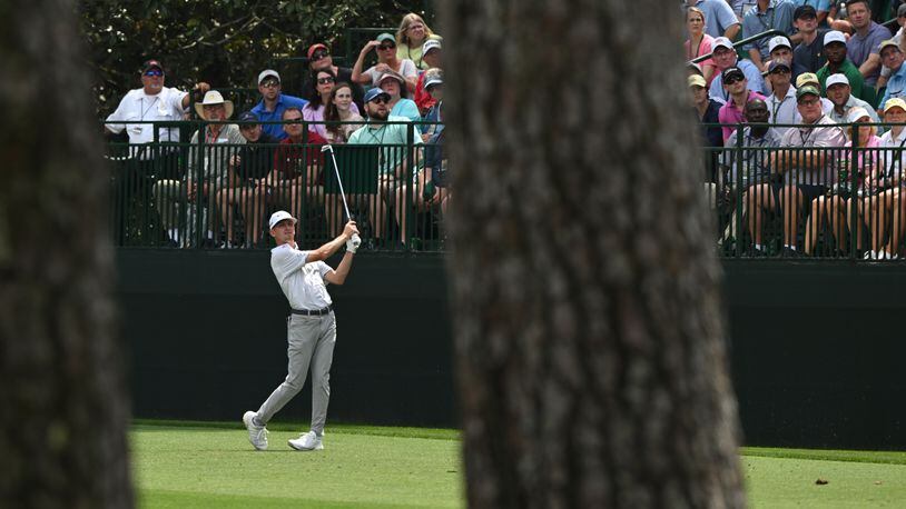 Sam Bennett tees off on the 16th hole during second round of the 2023 Masters Tournament at Augusta National Golf Club, Friday, April 7, 2023, in Augusta, Ga. (Hyosub Shin / Hyosub.Shin@ajc.com)