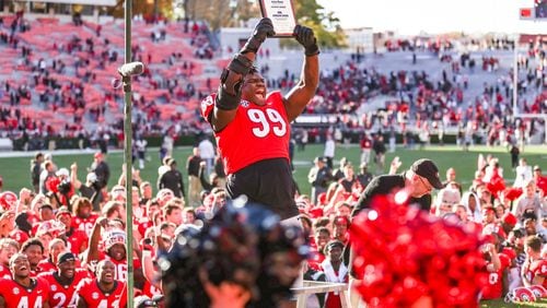 Georgia defensive lineman Jordan Davis (99) after the Bulldogs’ game against Charleston Southern on Dooley Field at Sanford Stadium in Athens, Ga., on Saturday, Nov. 20, 2021. Davis was made an honorary red coat member. (Photo by Mackenzie Miles)