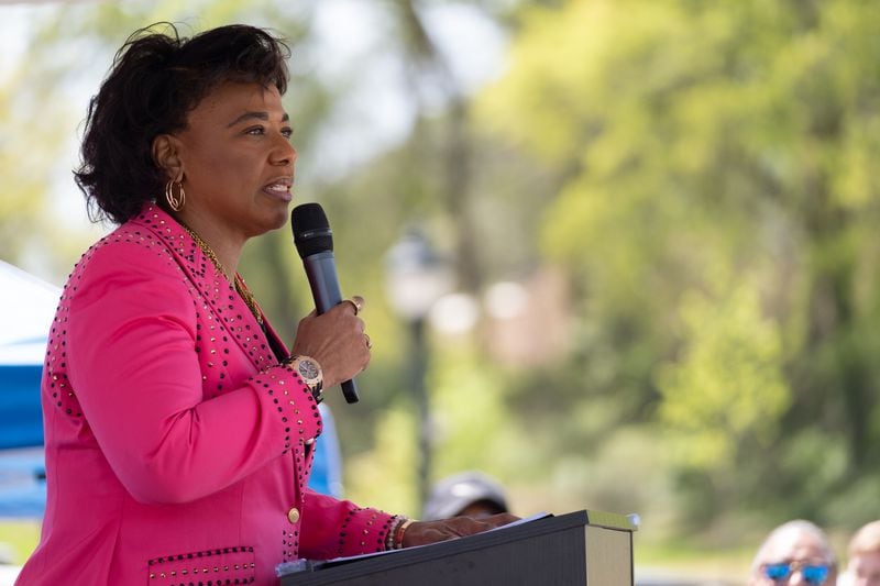 Bernice King speaks during the unveiling ceremony for a statue of the Rev. Martin Luther King Jr. in Rodney Cook Sr. Peace Park in Atlanta on Saturday, April 1, 2023.   (Ben Gray / Ben@BenGray.com)