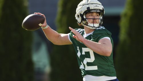 Georgia Tech quarterback Aaron Philo (12) attempts a pass during their first day of spring football practice at Rose Bowl Field, Monday, March 11, 2024, in Atlanta. (Jason Getz / jason.getz@ajc.com)
