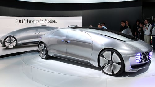 The Mercedes-Benz F015 Luxury in Motion concept car, a self-driving, hydrogen-electric plug-in hybrid, makes its debut at the 2015 International Consumer Electronics Show. Apple is set to debut a self-driving car after obtaining permits from the California Department of Motor Vehicles.